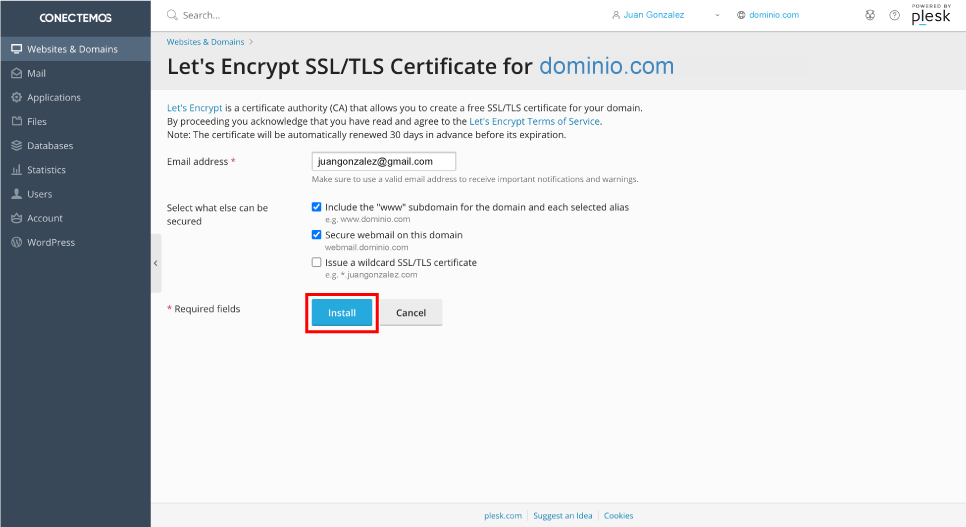 Certificado SSL Plesk Conectemos